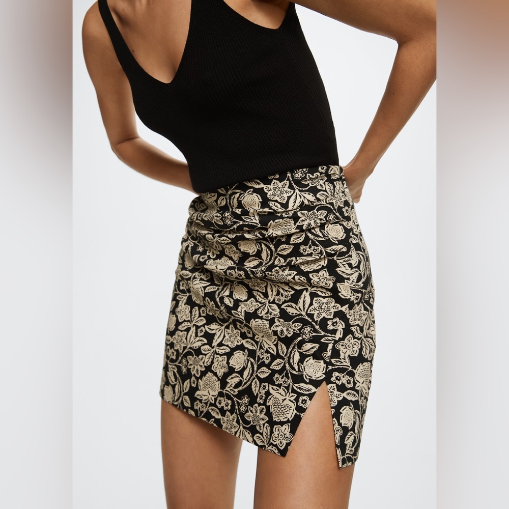 MNG Mango Linen Floral Side Slit Mini Skirt Y2K Tan Black Cottagecore Medium